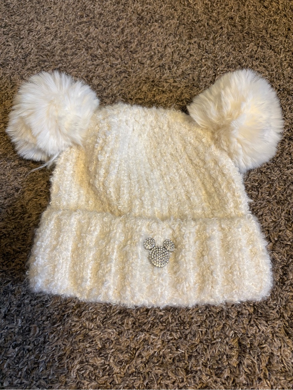 Disney Cream Double Pom-Pom Knit Beanie with Rhinestone Mickey Accent